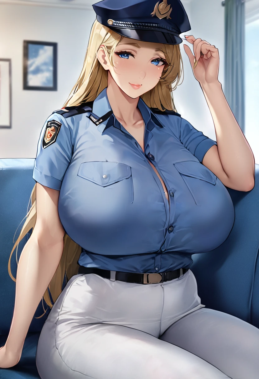 ((masterpiece)), ((best quality)), (ultra-detailed), absurdres, extremely detailed CGI unity 8k wallpaper, Official Art, Accurate describe shapes, beautiful face, expressive eyes, looking at viewer, solo, close-up, scenery, anime screencap, indoors, sofa, dramatic lighting, sitting, seductive smile, (mature female, older, gigantic breasts:1.4), milf, motherly, wide hips, curvy, straight hair, very long hair, blonde hair, blue eyes, big lips, puffy lips, parted bangs, police uniform, short sleeves, buttoned shirt, pants, policewoman, police hat, collarbone, lips, HDR