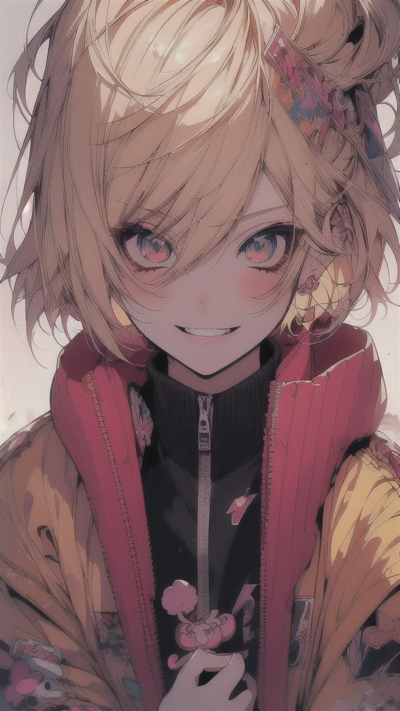 Photo of a blonde girl wearing a jacket, Expressing joy. Written by Krentz Kuschaert, Ross Tran style, Anime atmosphere, Happy girl, Ross Tran!!!, anime trend artwork, Gwaiz, Anime Girls, Crazy Smile, Trending Anime Art, Trending Anime Artwork, Anime Style, Trending on artstration, Style Anime, Anime Style only