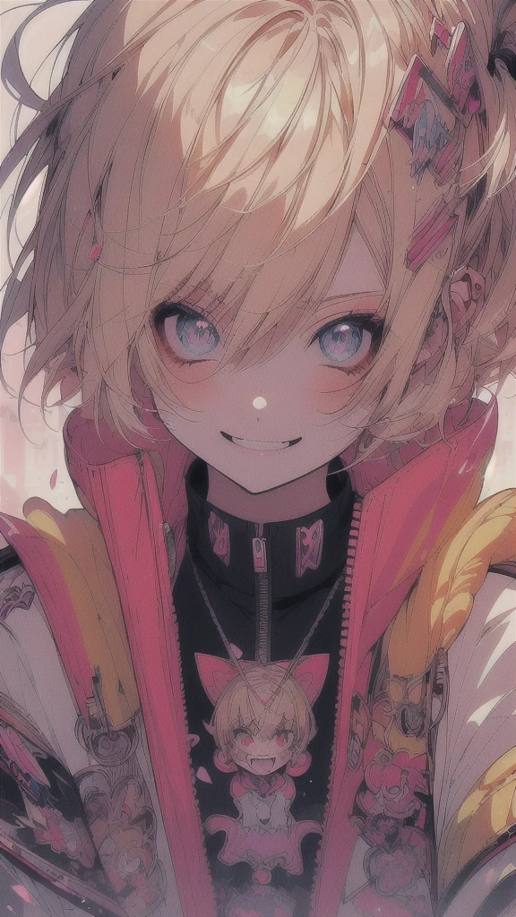Photo of a blonde girl wearing a jacket, Expressing joy. Written by Krentz Kuschaert, Ross Tran style, Anime atmosphere, Happy girl, Ross Tran!!!, anime trend artwork, Gwaiz, Anime Girls, Crazy Smile, Trending Anime Art, Trending Anime Artwork, Anime Style, Trending on artstration, Style Anime, Anime Style only