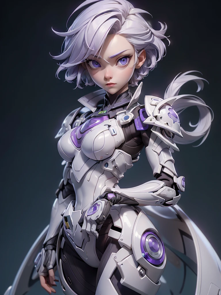 (((Best Quality))), (((Masterpiece))), (((Realistic))) slender, cute girl with short white hair and vibrant purple eyes. She wears a tight strong high-tech armor suit.(Extremely detailed:1.5),(stylish hair:1.2)