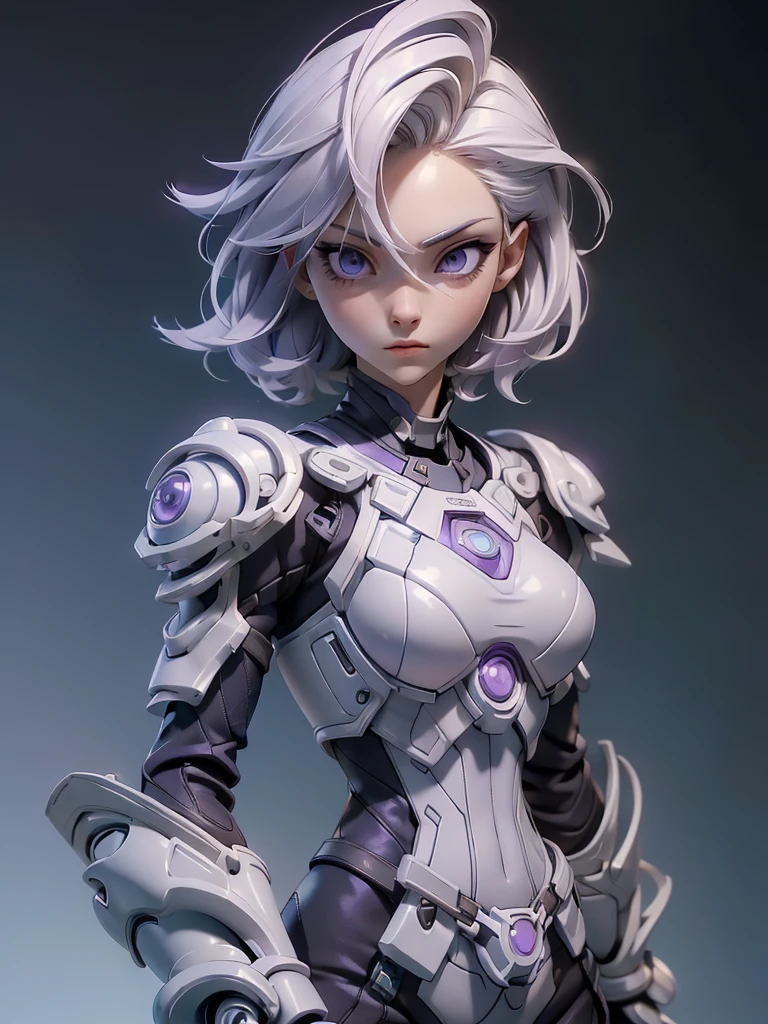 (((Best Quality))), (((Masterpiece))), (((Realistic))) slender, cute girl with short white hair and vibrant purple eyes. She wears a tight strong high-tech armor suit.(Extremely detailed:1.5),(stylish hair:1.2)