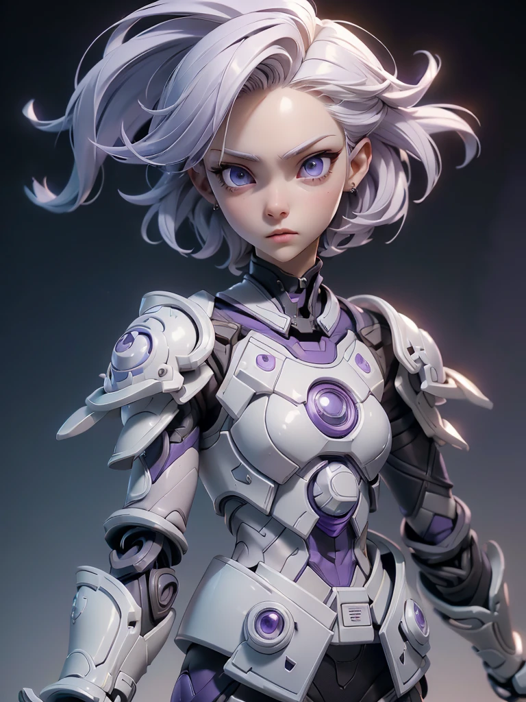 (((Best Quality))), (((Masterpiece))), (((Realistic))) slender, cute girl with short white hair and vibrant purple eyes. She wears a tight strong high-tech armor suit.(Extremely detailed:1.5),(stylish hair:1.2)