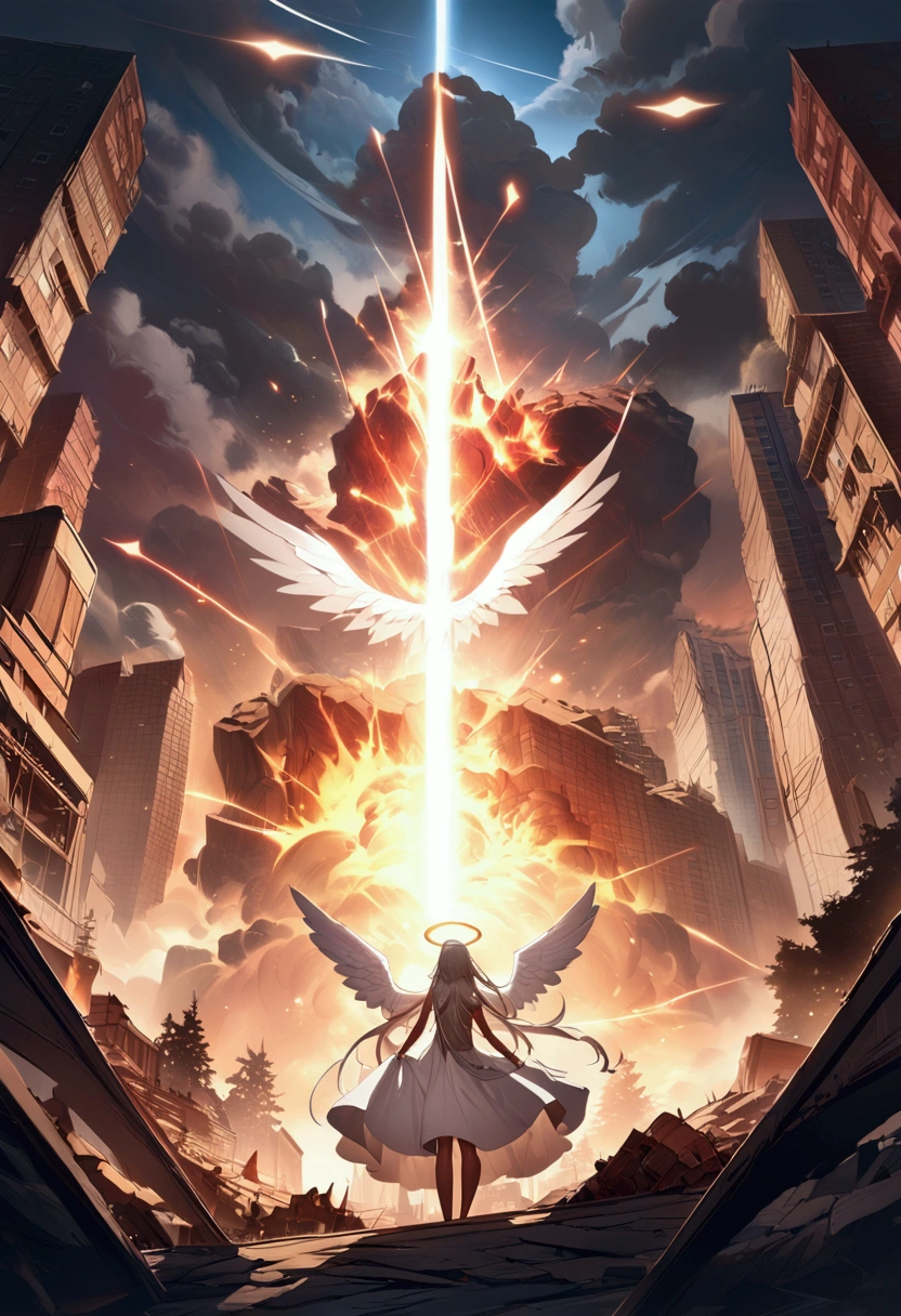 one (Rear view:1.5) A very beautiful female angel\(Long platinum hair, wide back white dress,(From her chest hangs big, beautiful angel wings.),Very beautiful shining halo\), She has her arms wide open as if asking for help., She&#39;s on the clouds、Looking down at the world below, Fierce war\((Lots of sparks and fire), fail, Fighter, Many buildings collapsed, Nature is destroyed, Magnificent and spectacular views\) It&#39;s happening under the clouds, BREoneK ,quality\(8k,Highly detailed CG unit wallpaper, masterpiece,High resolution,top-quality,top-quality real texture skin,surreal,Increase the resolution,RoneW photos,highest quality,Very detailed,wallpaper,Cinema Lighting,Ray-tracing,Golden Ratio\),[Browsing Caution],Dynamic Angle,[Browsing Caution],From above