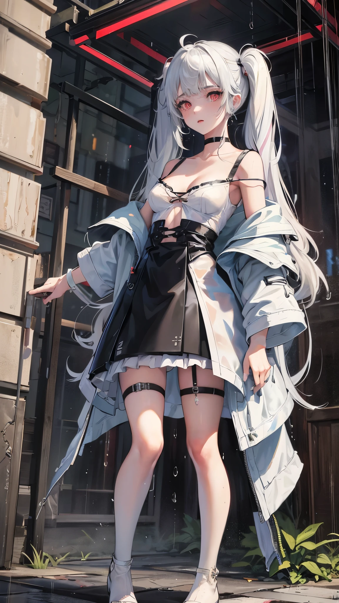 realistic, anime, 1girl,bangs, twintails, long hair, small breasts, off shoulder, white hair, rainbow hair, oversized T-shirt, white T-shirt, black bra, bare legs, thigh, cleavage, collarbone, (extremely detailed CG unity 8k wallpaper, masterpiece, best quality, ultra-detailed, best shadow), (masterpiece:1.2, best quality), very red eyes, sweat, soft body, cute, arm strap, thigh strap, multicolor eyes, outside, out door, raining, night, wet cloths, standing, standing in the rain, wet hair, wet skin, see through, (heavy rain), ruined  building, messy ground, bullet shells on ground, dust, wounds, walking, jacket, tactical suit, military equipment, (night), white legwear, wet thighs, ((lotion)), from behind, (wet), dress, skirt, , happy, happy expression, thighs, from below, horizon, \(weapon\)