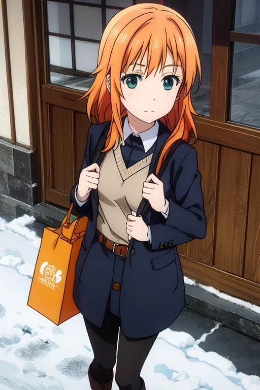 orange hair, green eyes, winter wears a gray school coat, red craft, black tights, black boots, carries a bag