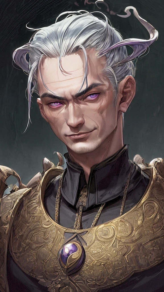 (best qualityer, work of art:1.2), ultra high resolution, realisitic, front lighting, intricate-detail, Exquisite details and textures, 1 Siamese man, one head on top of the other, (middle-age), detailed faces, deformed faces, Terror, without hair, looking ahead at viewer, eyes large, muscled body, purple aura, professional lighting, Machiavellian smile, villain