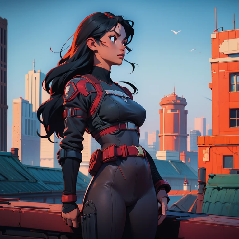 Cardinal, a gorgeous woman with (dark skin) wearing a modest black and red bodysuit, long sleeves, leggings. Athletic, huge breasts, wide hips. Short curly black hair, batons. bracers, shin guards, utility belt. Confident. City skyline, rooftops.