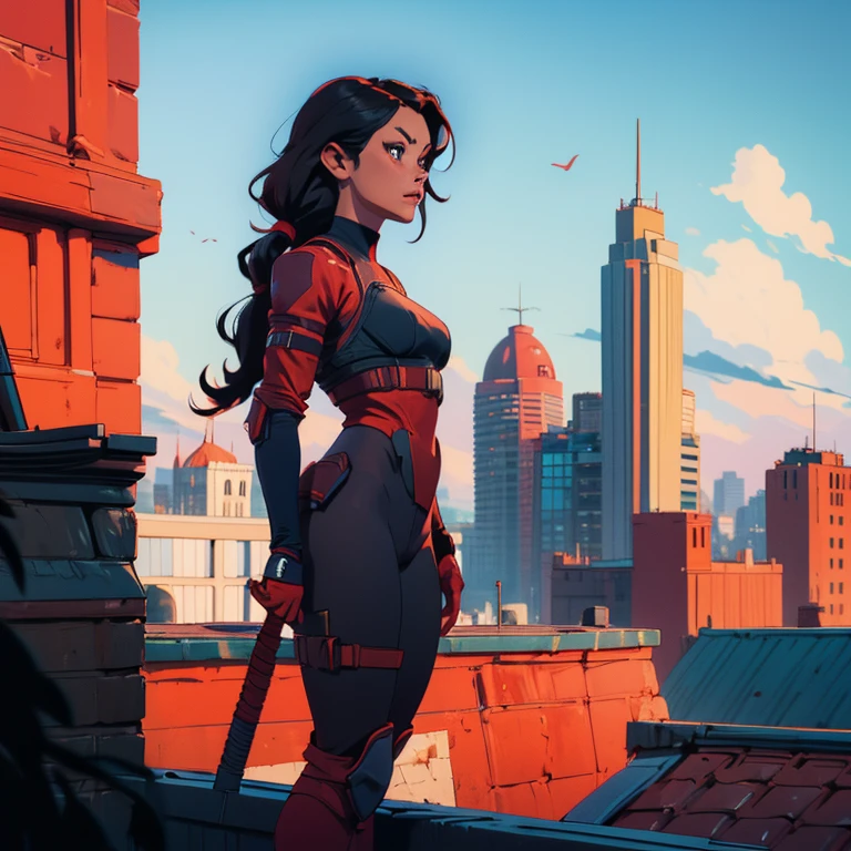 Cardinal, a gorgeous woman with (dark skin) wearing a modest black and red bodysuit, long sleeves, leggings. Athletic, huge breasts, wide hips. Short curly black hair, batons. bracers, shin guards, utility belt. Confident. City skyline, rooftops.