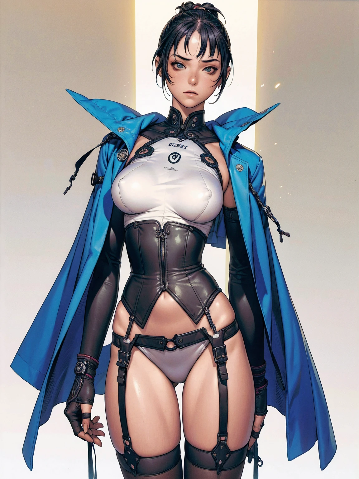 (((Warrior))), (((90% blue SUIT))), (((garter belt and corset))), (((hair with bangs and shaved sides))), ((hooded cloak)), (((best qualityer: 1.4))), (Unbeatable masterpiece), (hiper HD),(CG 8k hyper-realistic), (((short cut hair style))), (((breasts big))), (((hyper feminine))), sexly girl, Tron,（(super short black hair)), ((( sculptural body ))), (((1 girl))), garota cibernética de 25 anos com perfectbody,,Beautiful and well-groomed face,muscular body:1.2,gradient color detailed jacket, (Head to thigh photos)， Complex equipment, green dark，Long pants, (((standing alone))), pirralha violent, (((14歳))), sexly, pose de atitude, work of art, post-apocalypse, (((manga style))), bounty hunter, violent, Manic, the way you want, slenderbody, thin but strong, perfectbody, roupa moderna, advanced technology, neon, sleeves with vertical striped pattern, neutral background, (( cowboy shot )). intricate visual