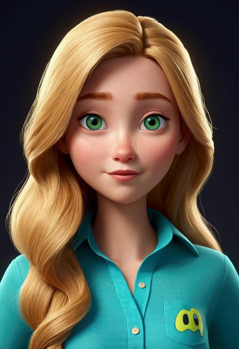 pixar Cartoon character of a woman long hair blonde and only blue shirt, Round face, Green Eye, an animated character, stylized character, animation style rendering, 3d
