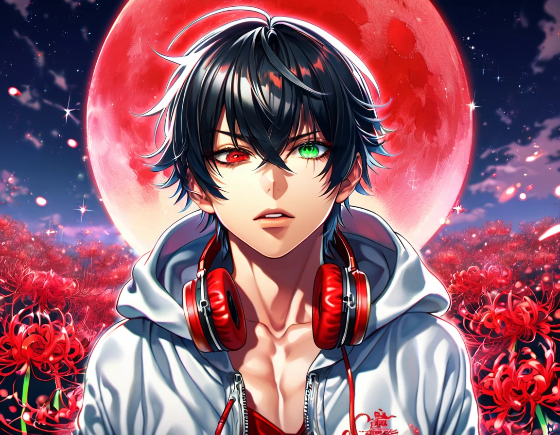 absurdres, highres, ultra detailed, HDR, master piece, best quality, extremely detailed, Yamada Ichiro, chin length black hair, heterochromia, left eye is red, right eye is green, Hypnosis Mic, white hoodie with two zippers, red varsity jacket, red headphones around his neck, solo, sexy man, handsome, sensual, fantasy, red blood water, sparkling, red glittering fireflies, red moon, red blossoms, red spider lilies, red sparkling lights, starry sky, magical
