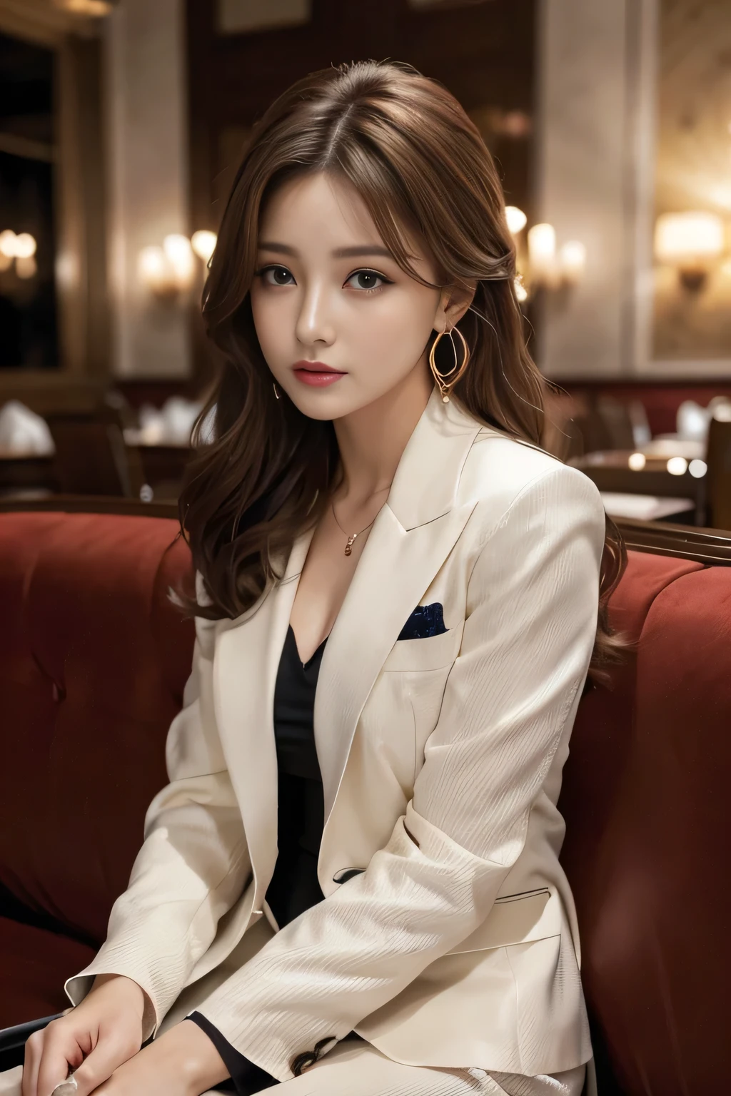 masterpiece, Highest quality, Realistic, Very detailed, Finer details, High resolution, 8k wallpaper, One beautiful woman, Wear a nice suit, In a great restaurant, At night, Light brown messy hair, Perfect dynamic composition, Beautiful and beautiful eyes、Big earrings、Sitting on the sofa、