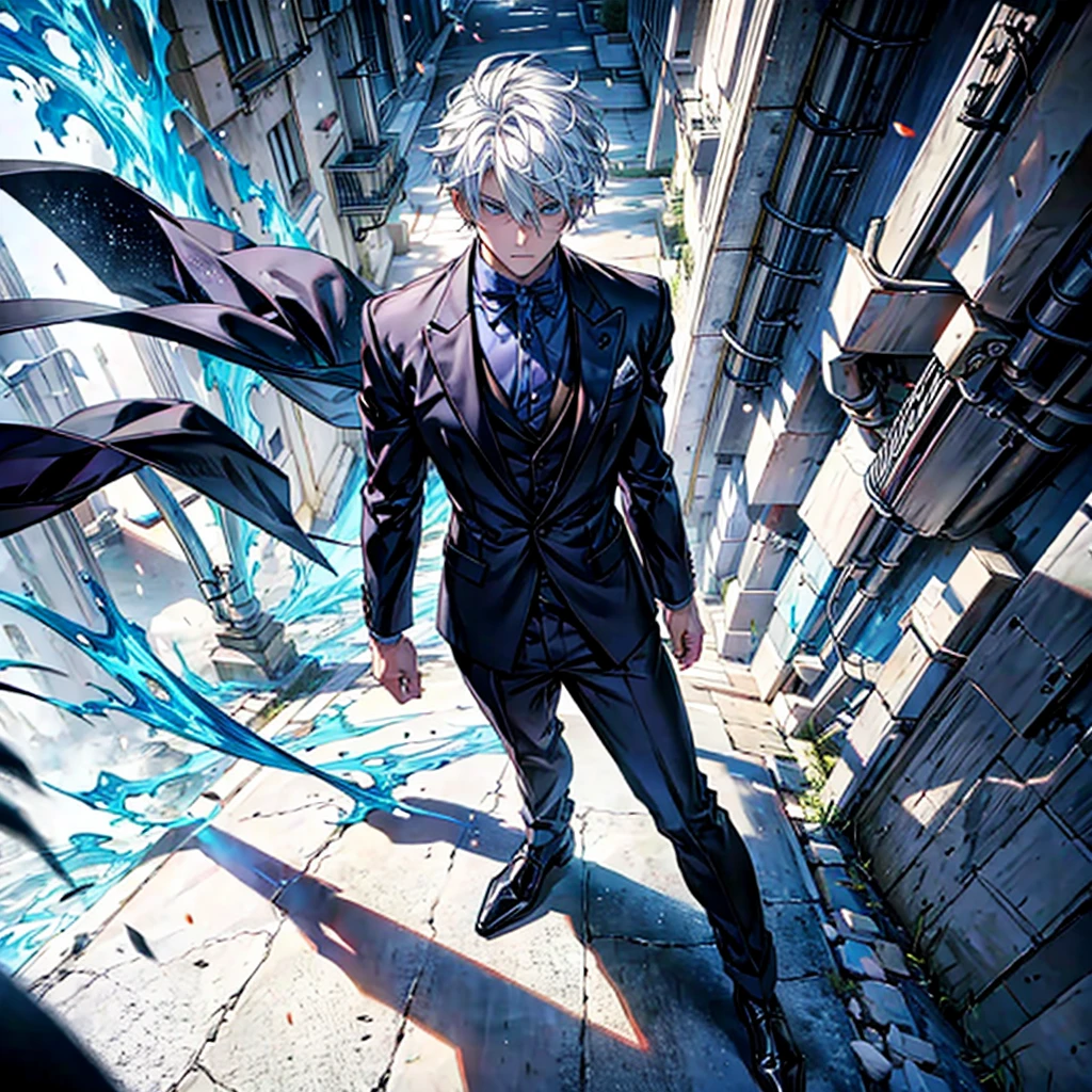 long hair, red suit, looking from top to bottom with a mocking expression, blue colored eyes, Full-body image, well-defined face
