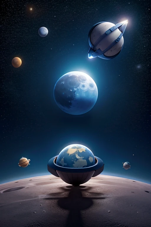 planet and the moon with a spaceship.