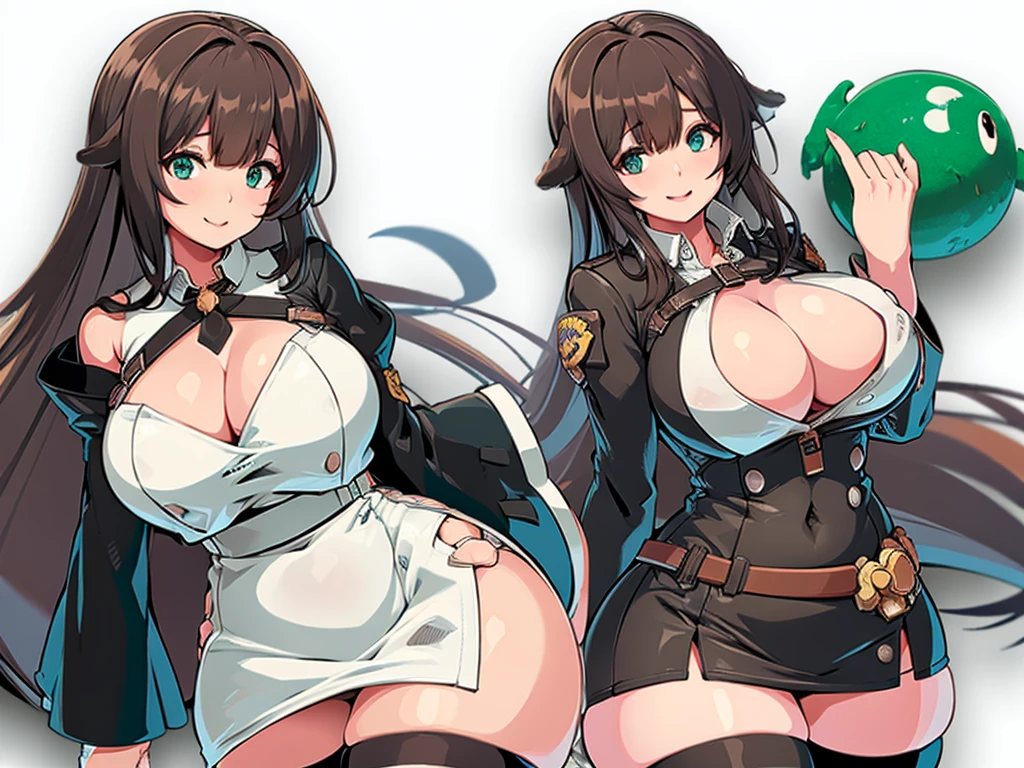 High detailed, 1 girl, kashino, Brown hair, Green eyes, busty, plump round breasts, deep cleavage, firm chunky body, white shirt, , deep cleavage, Juliet sleeves, pencil skirt, black thighhighs, white gloves, tall, smiling