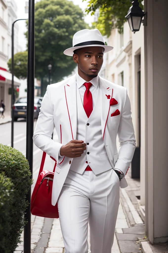 black male, white suit and red tie, white panama hat with a red ribbon, near a lamppost