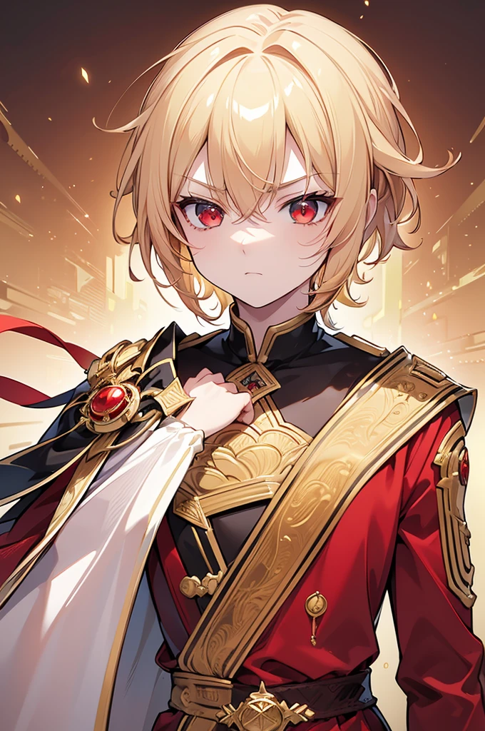 (Highest quality)　(4K)　(8k)　(High resolution)　(masterpiece:1.2)　(Super detailed)　One boy　short hair　Wizard　Red eyes　Long sleeve　Golden decoration　Hair between the eyes　White costume　Wavy golden hair　Upper Body　　Young　Serious　A  of about fifteen years old　Get angry　Upper Body　Blonde　Look at the bottom right