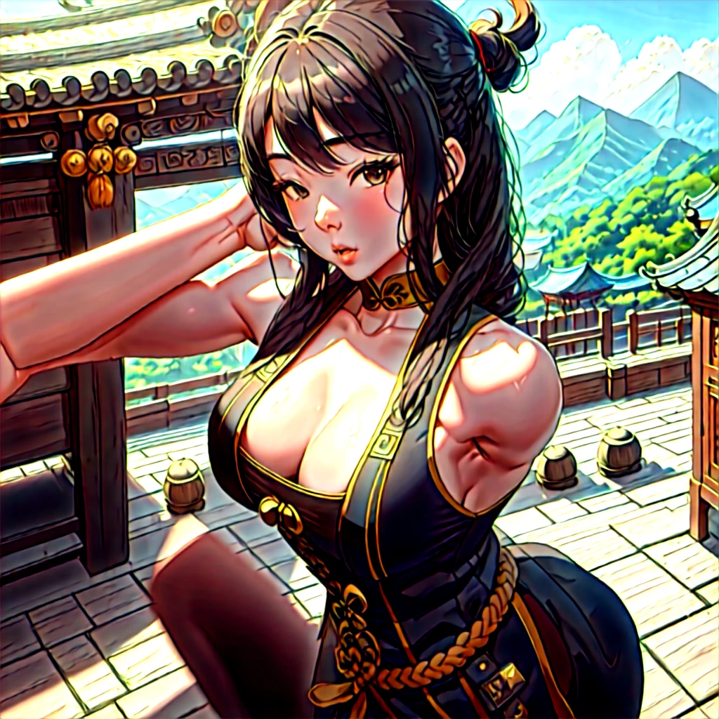 Hanfu、Kung Fu、Shaolin Temple、Mountain background、Cobblestones、Kick、Toned body、A well-defined body、Carefree breasts、Cleavage、Long black hair with braids、8K High Resolution、Masterpiece、AI’s masterpiece