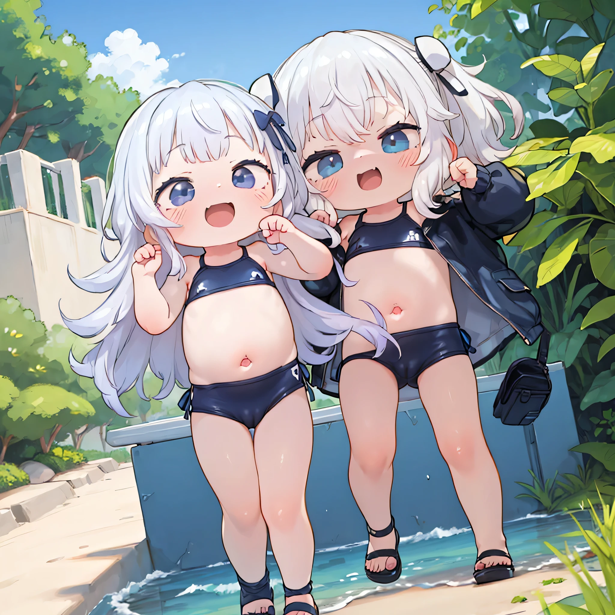 (toddler girl:1.5),chibi,2girls,long white hair,navy blue swimsuit,standing,laughing