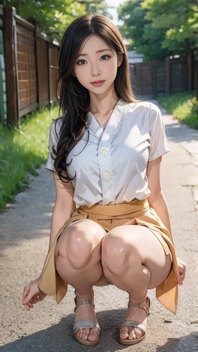 There is a woman kneeling on the forest path, portrait of a Japanese teen, of a youthful Japanese girl, young asian girl, wearing Japanese , Japanese girl , beautiful girl, Sit on the ground, portrait of a Japanese girl, Sitting in the forest, Japanese , Strike a Pose, Young Asian Woman