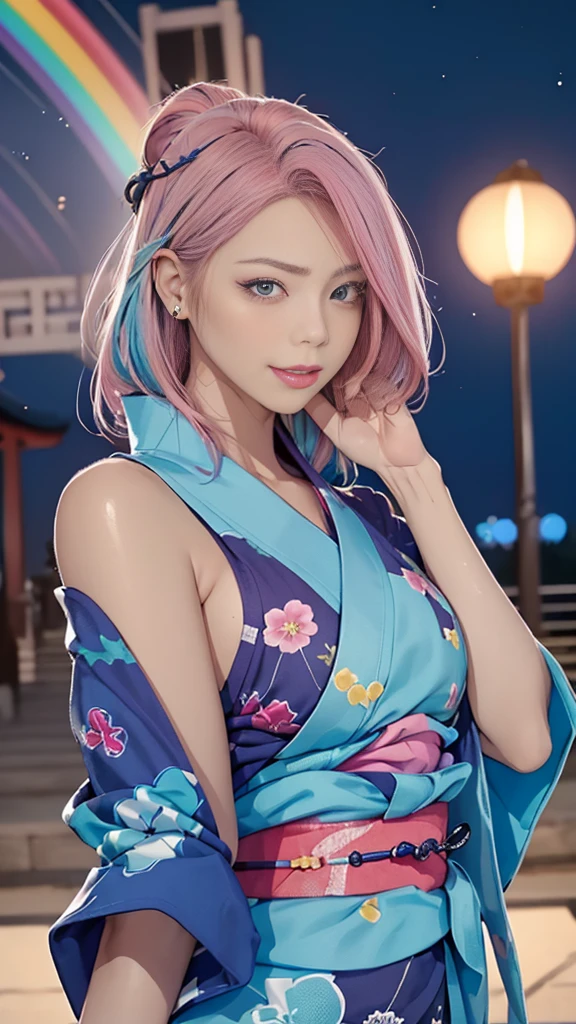 (masterpiece), (((highest quality)), (super detailed), 1 girl, (iridescent hair, colorful hair, half blue and half pink hair: 1.2), 17 years old, (yukata: 1.2), outdoor, bangs, smile, sky blue eyes, perfect hands, perfect hands, hand details, corrected fingers. Earrings, Night Store + Background, looking_at_viewer, Cowboy Shot, Top Quality, Rich Detail, Perfect Image Quality,