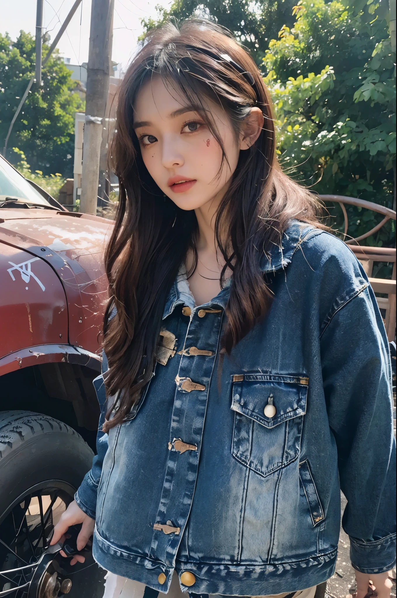 (depressed emotion expression:1.3), (style of yousuf karsh:1.2), 24 year old gorgeous swedish woman,  [:[[modest-size bosom]]:0.5],  roller set, and tie-dye hippie head band ([action portrait candid:high fashion studio lighting:0.5]:1.3), (upper body shot, solo focus, cinematic photoshoot of perfect seductive young woman Rediscovering an Abandoned Amusement Park:1.15), (24 years old, skinny, slender, young woman:1.15), (Oval-shaped face, luminous complexion, Bright almond-shaped eyes, Arched defined eyebrows, small upturned nose, bow-shaped lips:1.1) vibrant graffiti art, rusty roller coaster backdrop, tattered scarves, distressed leather jacket, makeshift shelters among broken rides, abandoned amusement park reclaimed by nature, with overgrown vines entwining rusted rides and a hauntingly beautiful aura as twilight filters through the foliage. [post-apocalyptic chic], urban zombie survival theme, dramatic evening lighting casting long shadows, (fearless expression:1.15), red weathered jacket with frayed edges, resistance, survival, [layered over a faded black T-shirt with a humorous, slightly rebellious slogan], denim jeans torn strategically distressed, homemade bandage on her wrist, makeshift survival tool strapped to her leg, practical worn leather boots, scuffed at the toes, bandana, fingerless gloves, scratched functional digital wristwatch determined gaze with smudged eyeliner, stands confidently, survivor dystopian world, carrying demolition axe, (zombies on the ground), (small gnome statue:1.1)