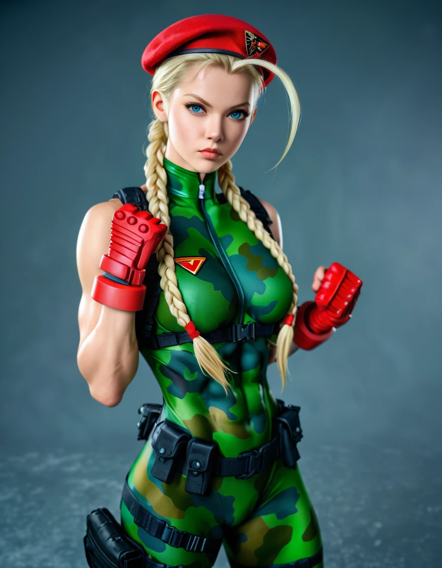 Digital illustration of a female character Cammy White with a muscular build, wearing a green, form-fitting bodysuit. She has long blonde hair styled in two braids, a red beret, and red gloves. Her facial expression is serious, with blue eyes and a determined look. The character's skin is fair, and she has green camouflage paint on her legs. The illustration is highly detailed, with a focus on the character's strong physique and intense expression. anime, anatomically correct, super detail, high quality, 4K
