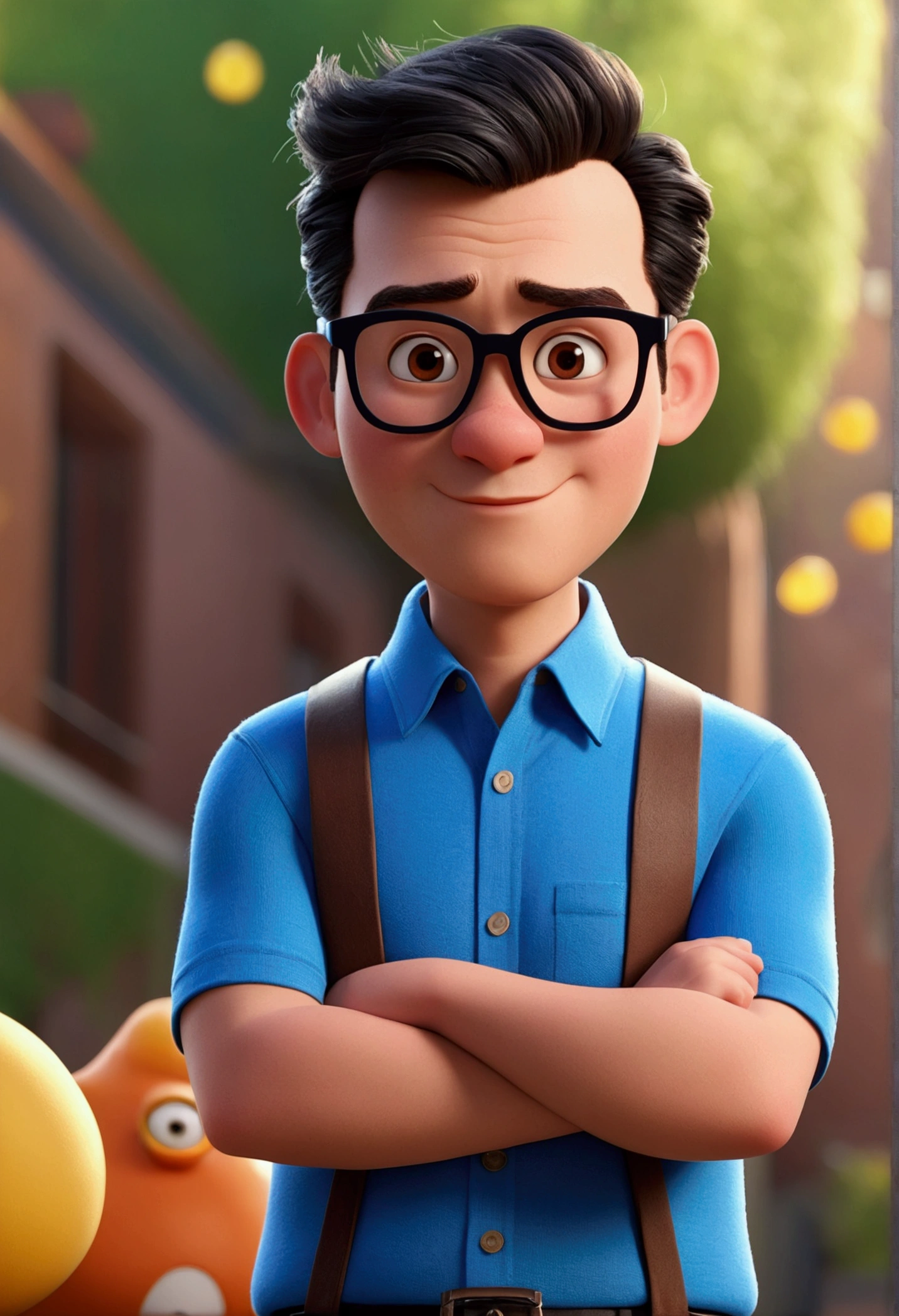 Cartoon character of a man in black glasses and blue shirt, an animated character, stylized character, animation style rendering, 3d stylized, Arnold Maya rendering, Stylized 3D rendering, toon render screenshot, 3d character, 3d character, Stylized 3D rendering, 3D character rendering, cartoon character, Personagem de close up, character posing, (Pixar-style) (master part:1.2) (bokeh) (best qualityer) (skin detailed) (detailed texture) (8k) (Argilla) (cinematic lighting) (sharp focus,Sit down and lift your upper body