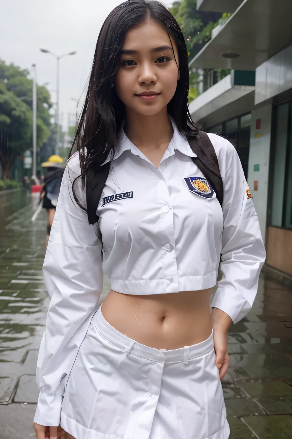 A cute and bright female student at a Thai university wears a white student uniform with no bra that gets wet from the rain, very sexy and beautiful.