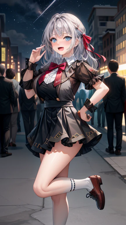 Alisa Kujou, 

(night:1.7), 1 girl standing at attention, 22 years,young female,beautiful Finger, beautiful long legs ,beautiful body ,beautiful Nose ,beautiful character design, Perfect eyes, perfect face,

There is an anime girl., 1 girl, thighs, Alone, (very short skirt:1.4), Blue eyes, old, black dress ,elegant , long socks (short dress)  , neckline, bow, hand on hip, blush, black thighs, bowtie, inside, brown shoes, The Great Passage, moccasins, Shoes, large old, looking at the viewer, take half distance, close up shot of open mouth, thighs,

looking at the viewer, smile, greeting the viewer, In the center of the image, Fondo de pantalla CG unity 8K extremadamente detallado, Perfect lighting,showy, bright_forehead_face_Lightinasterpiece:1.0),(better_quality:1.0), ultra high resolution,4k,ultra detailed,
Photography, 8K, HDR, high resolution, absurdities:1.2, codas portrait, film grain, blurred background, bokeh:1.2, Lens flare, (Vibrant_Color:1.2)
, (beautiful_face:1.5),(narrow_waist), (beautiful,huge_old:1.3)