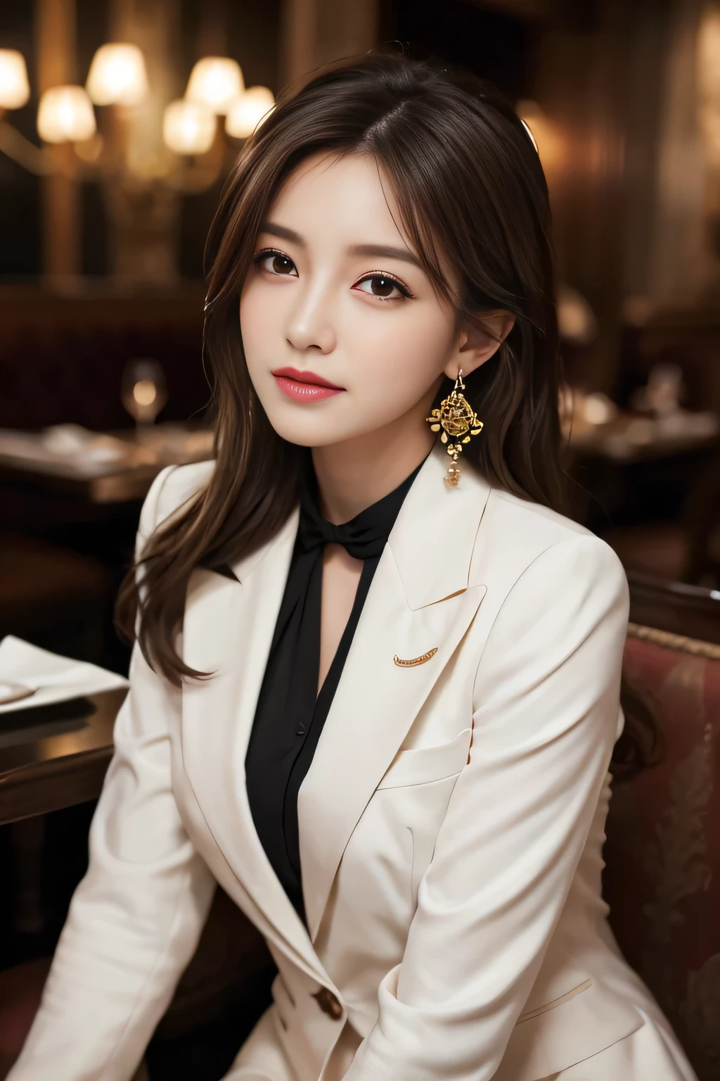 masterpiece, Highest quality, Realistic, Very detailed, Finer details, High resolution, 8k wallpaper, One beautiful woman, Wear a nice suit, In a great restaurant, At night, Light brown messy hair, Perfect dynamic composition, Beautiful and beautiful eyes、Big earrings、Sitting in a chair、