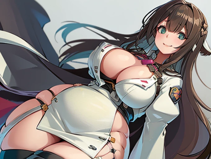 High detailed, 1 girl, solo, kashino, Brown hair, Green eyes, busty, plump round breasts, deep cleavage, firm chunky body, white shirt, , deep cleavage, Juliet sleeves, pencil skirt, black thighhighs, white gloves, tall, smiling