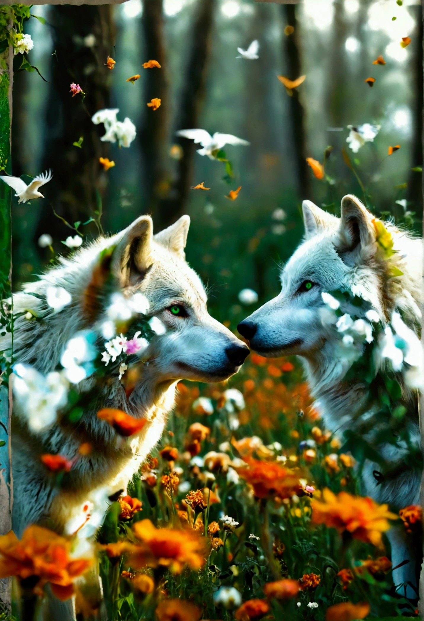 A beautiful couple of white wolves with green eyes in a beautiful green field full of flowers full of trees and birds of all colors