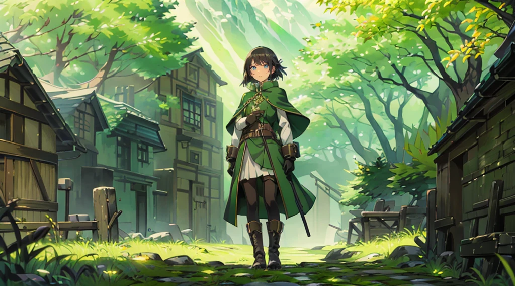 yuichiro hyakuya girl, (WithoutFear:1), 1 girl, black hair, green eyes, brown coat, gray armor, elves, sylvan, green shield, green cloak, dark brown gloves, forest, white fur trim, anime, standing, good quality, portrait, looking at viewer