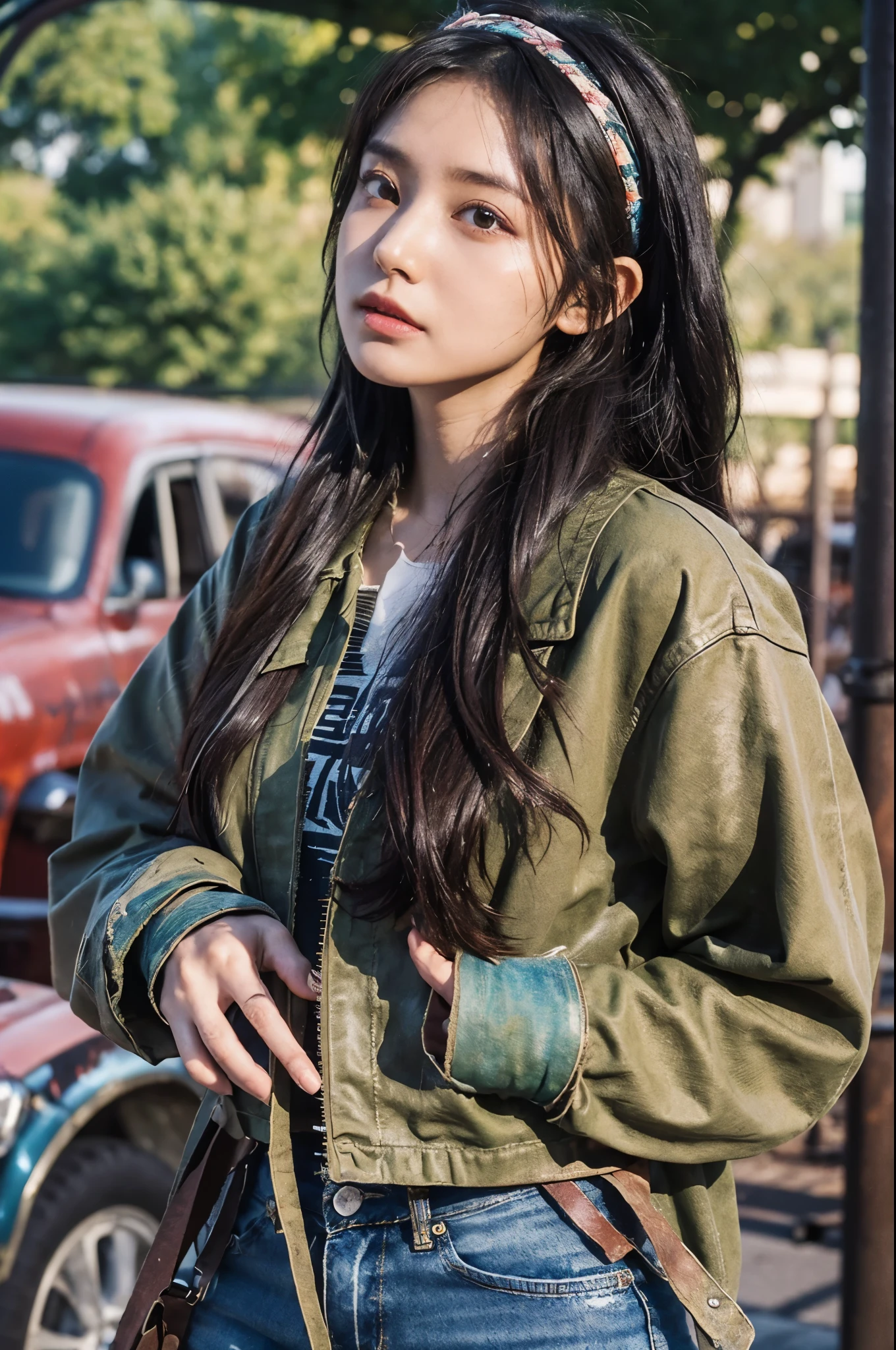 (depressed emotion expression:1.3), (style of yousuf karsh:1.2), 24 year old gorgeous swedish woman,  [:[[modest-size bosom]]:0.5],  roller set, and tie-dye hippie head band ([action portrait candid:high fashion studio lighting:0.5]:1.3), (upper body shot, solo focus, cinematic photoshoot of perfect seductive young woman Rediscovering an Abandoned Amusement Park:1.15), (24 years old, skinny, slender, young woman:1.15), (Oval-shaped face, luminous complexion, Bright almond-shaped eyes, Arched defined eyebrows, small upturned nose, bow-shaped lips:1.1) vibrant graffiti art, rusty roller coaster backdrop, tattered scarves, distressed leather jacket, makeshift shelters among broken rides, abandoned amusement park reclaimed by nature, with overgrown vines entwining rusted rides and a hauntingly beautiful aura as twilight filters through the foliage. [post-apocalyptic chic], urban zombie survival theme, dramatic evening lighting casting long shadows, (fearless expression:1.15), red weathered jacket with frayed edges, resistance, survival, [layered over a faded black T-shirt with a humorous, slightly rebellious slogan], denim jeans torn strategically distressed, homemade bandage on her wrist, makeshift survival tool strapped to her leg, practical worn leather boots, scuffed at the toes, bandana, fingerless gloves, scratched functional digital wristwatch determined gaze with smudged eyeliner, stands confidently, survivor dystopian world, carrying demolition axe, (zombies on the ground), (small gnome statue:1.1)