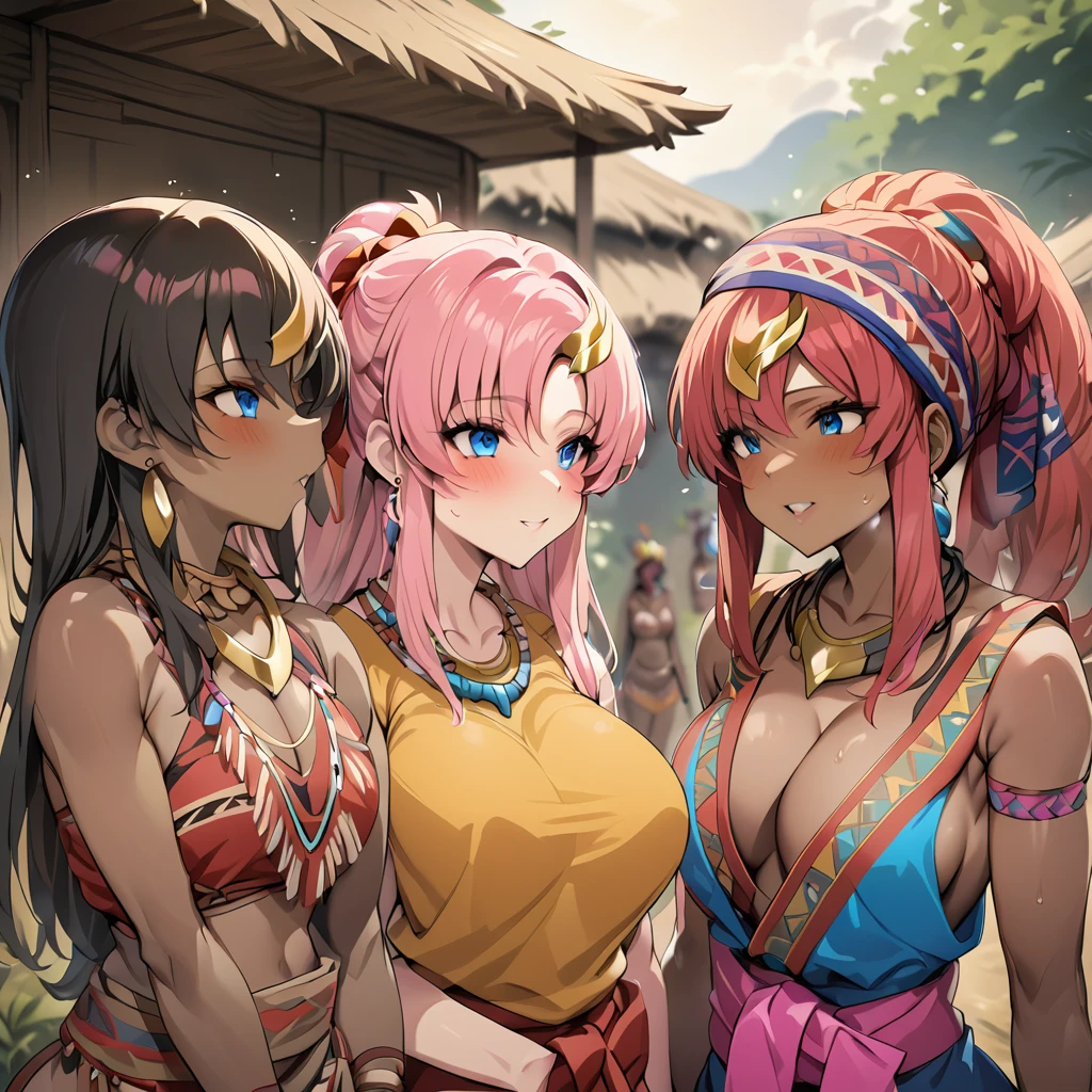 ((Highest quality)), ((masterpiece)), (detailed), (Perfect Face)、The woman is Lacus Clyne, a brown-skinned woman with blue eyes and medium-long pink hair, a hair ornament, a colorful headscarf, tribal accessories such as tribal necklaces and tribal earrings, and an indigenous African tribal woman wearing indigenous tribal clothing.、The woman is in a native African tribal village.
