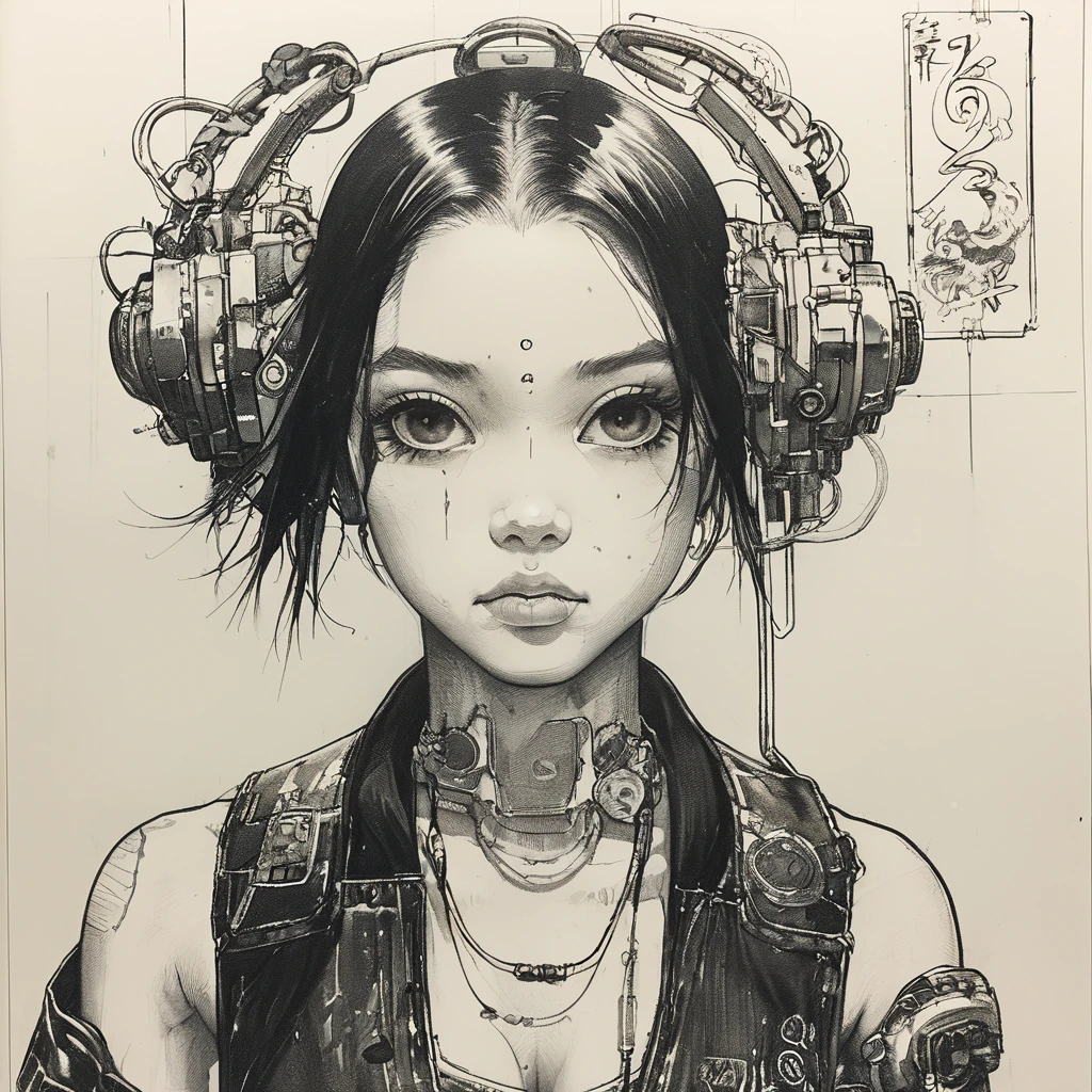 (best quality, sketch:1.2),realistic,illustrator,anime, Woman with tattoos on her arms and chest, Cyberpunk art inspired by Masamune Shirow, Art Station, Gothic art, Then Martin, Then Martin artwork portrait, Frank Cho, ArtJam and ilya kuvshinov, Chris Moore. ArtJam, ArtJam greg rutkowski _ greg, shohei otomo black and red gradient background,neon hair,textured cropping, masterpiece, style retro classic, noir style , Japanese style, ((monochrome))