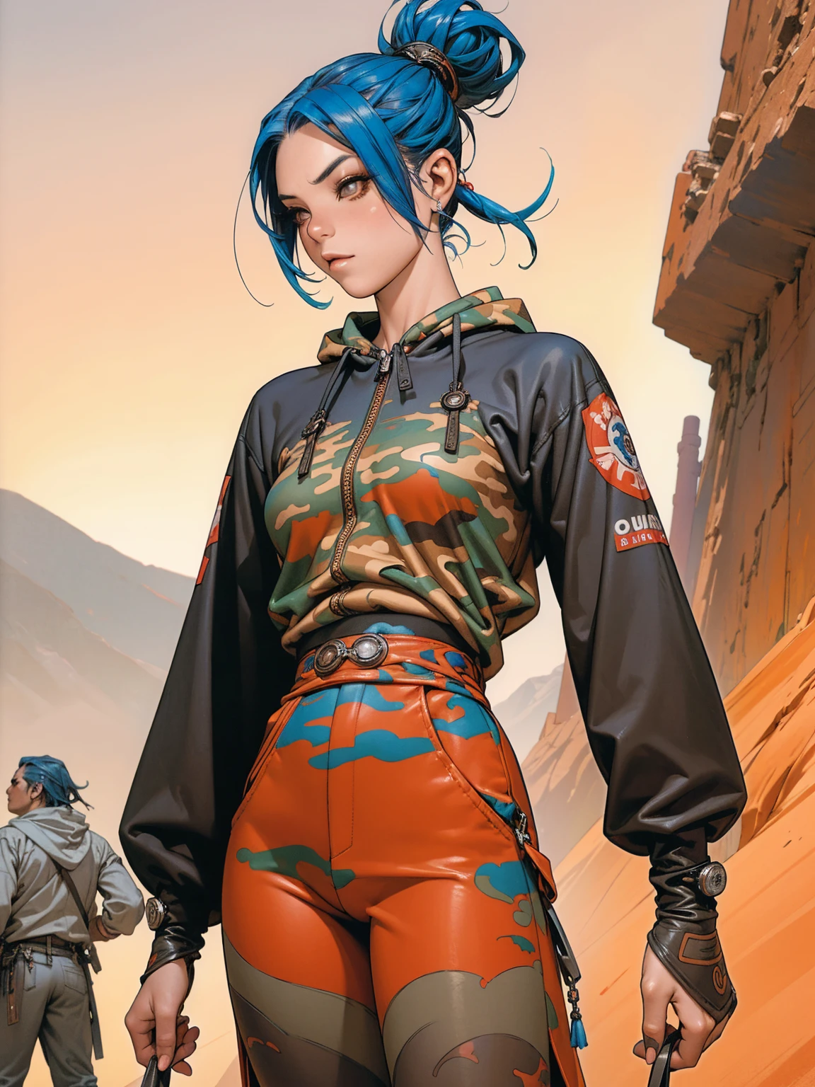 (best qualityer))), (((manga strokes))), (((blue hair with red highlights))), (((wide-leg pants with desert camouflage print))), uma Kizi jovem muito bem vestida com roupas modernas de verão, paintball camouflage pattern pants, top with vertical stripes, short jacket with fur hood, beautiful and expressive face, slightly-smile, big eyes with long black eyelashes, heavy make-up, chains and zippers spread across clothes, contrasting colours, pose de atitude, hair with a modern and futuristic cut, urban game poster art, dramatic camera angles, graffiti art elements in the background, design mixing contemporary and retro by Shepard Fairey, (((cowboy shot))), (((best qualityer: 1.4))), (Unbeatable masterpiece), (hiper HD),(CG 8k hyper-realistic), Kizi, (((standing alone))), pirralha violent, (((14歳))), sexly, pose de atitude, work of art, post-apocalypse, (((manga style))), bounty hunter, violent, Manic, the way you want, slenderbody, thin but strong, perfectbody, roupa moderna, advanced technology, neon, sleeves with vertical striped pattern, neutral background, (( cowboy shot )). intricate visual