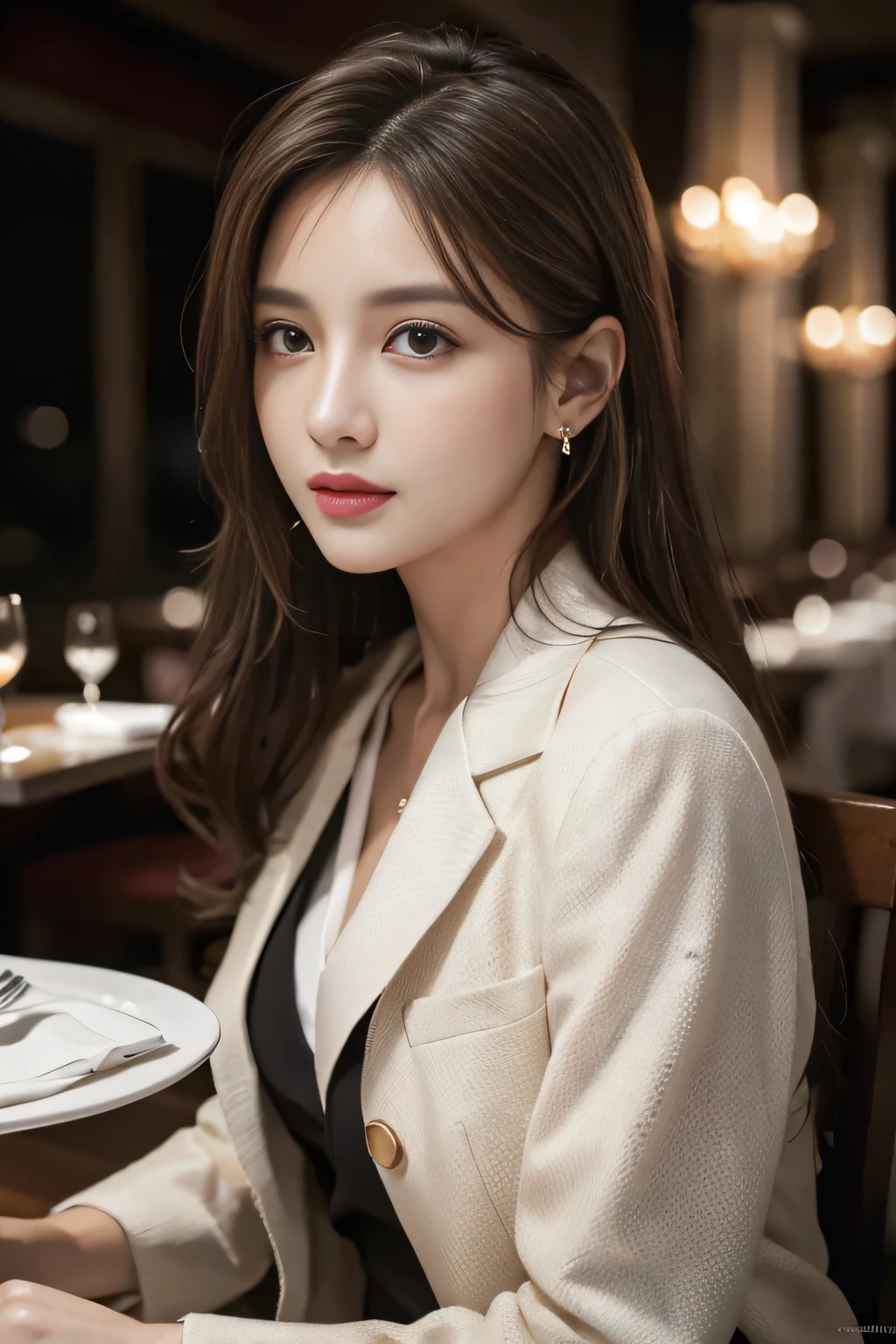 masterpiece, Highest quality, Realistic, Very detailed, Finer details, High resolution, 8k wallpaper, One beautiful woman, Wear a nice suit, In a great restaurant, At night, Light brown messy hair, Perfect dynamic composition, Beautiful and beautiful eyes、Big earrings、