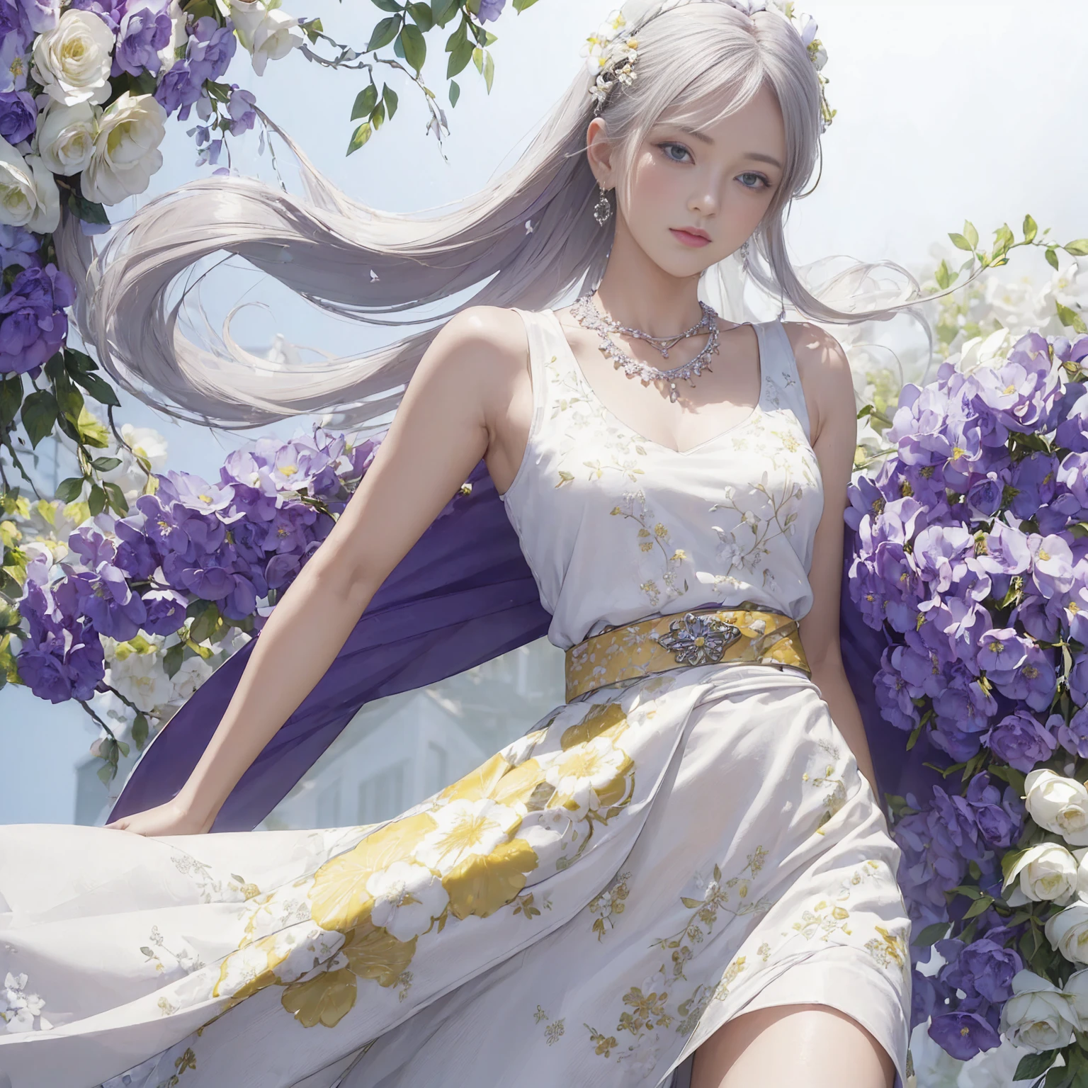 ((masterpiece)), ((One beautiful woman:1.5)),White sleeveless,Yellow belt、Floral decoration,Deep purple、White floral embroidered skirt,Short Necklace,White sleeveless haori