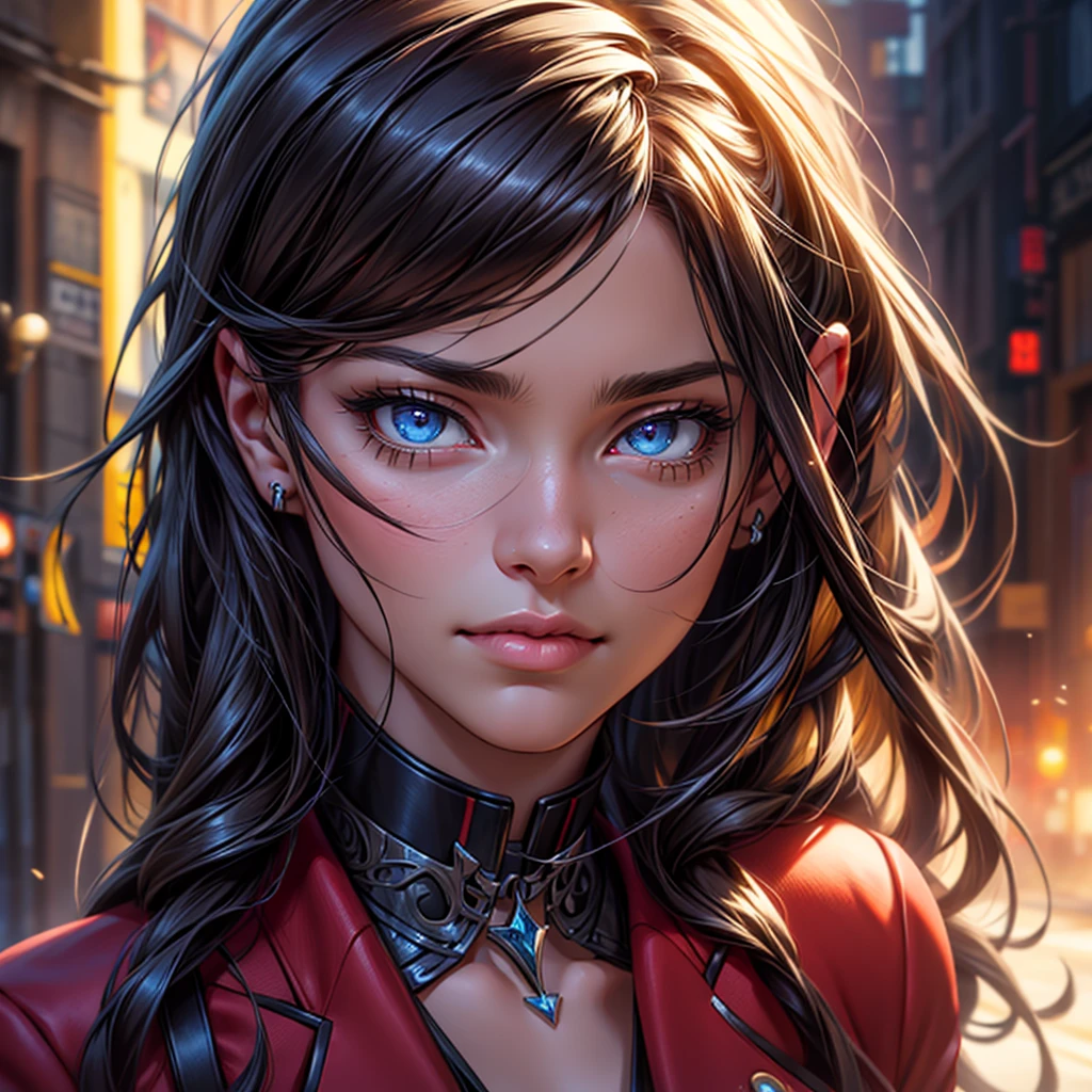 a woman with long hair, wearing a red suit, looking down with a mocking expression, blue eyes, full body shot, highly detailed face, intricate details, beautiful detailed eyes, beautiful detailed lips, extremely detailed eyes and face, long eyelashes, elegant, sophisticated, confident, (best quality,4k,8k,highres,masterpiece:1.2),ultra-detailed,(realistic,photorealistic,photo-realistic:1.37),HDR,UHD,studio lighting,ultra-fine painting,sharp focus,physically-based rendering,extreme detail description,professional,vivid colors,bokeh,portrait