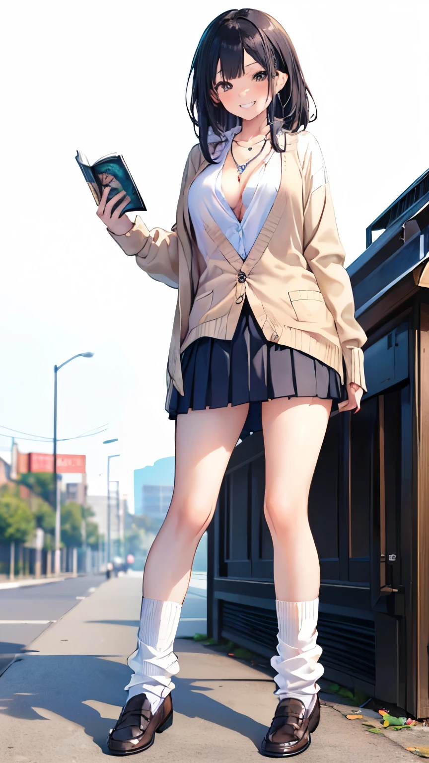 (Masterpiece, top quality, very detailed)), ((all white background)), one girl, improving, black hair, long, straight hair, gray eyes,beam, ((grin)), big breasts, (standing with reading a comic book.), ((white collared shirt)), ((necklace)), ((cardigan)), ((black pleated skirt ))), ((micro mini skirt)), ((white baggy socks)), loafers, full body