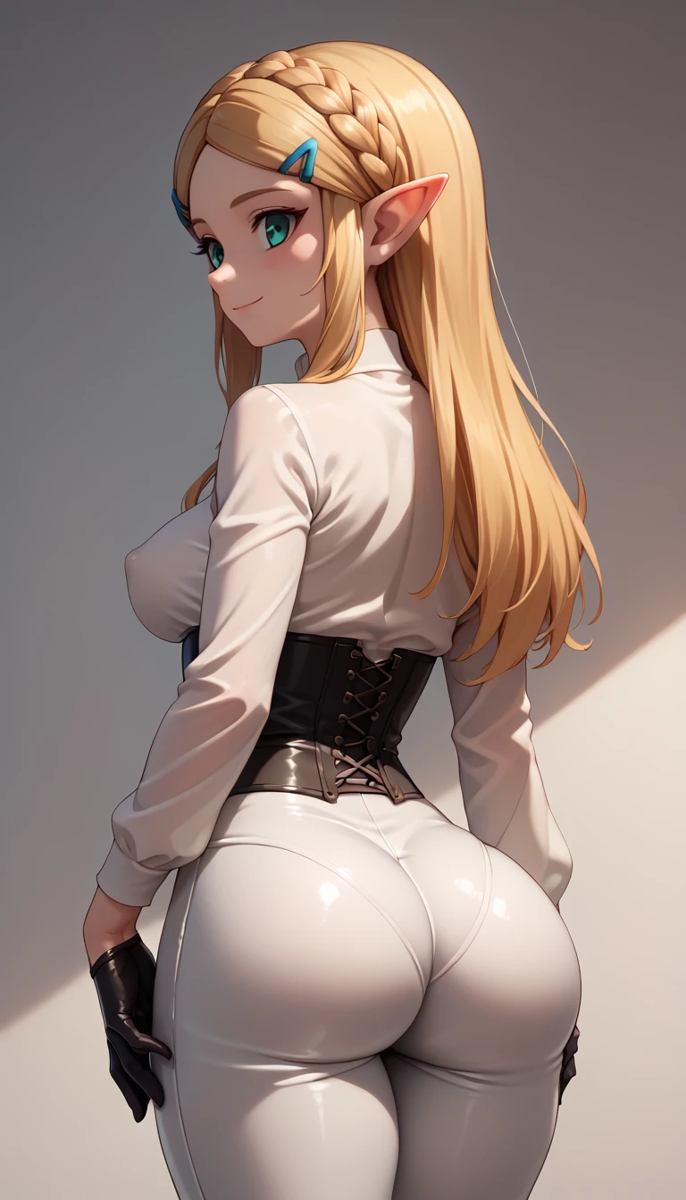 High resolution, Very detailed, perfect lighting, beautiful detailed eyes, ((masterpiece,Best Quality)), absurdities, alone, princess zelda, by the width, crown braid, Hair clip, pointy ears, corset azul, long sleeves, Gloves without fingers, black gloves, tight latex pants, smile, curves, nod, , deep neckline, deep neckline, NSFW, visible nipples, tight latex pants, view from behind, view from behind, big butt, big butt, acercamiento, acercamiento