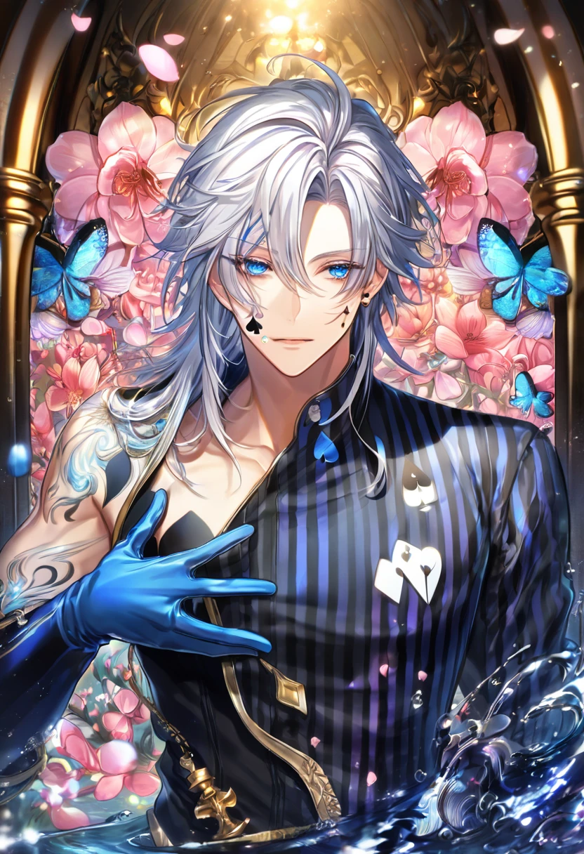 absurdres, highres, ultra detailed, HDR, master piece, Ikki, white hair, right side of his hair is notably shoulder-length, unlike its left, expressive blue eyes, on his left ear is a hair clip shaped like a black spade, Amnesia, sexy man, handsome, best quality, blossoms, pink petals, pink flowers, fantasy, magical, blue shining fireflies, solo, water, blue-and-black shirt that is vertically striped, a small tattoo of a black spade on his cheek left cheek, blue gloves,