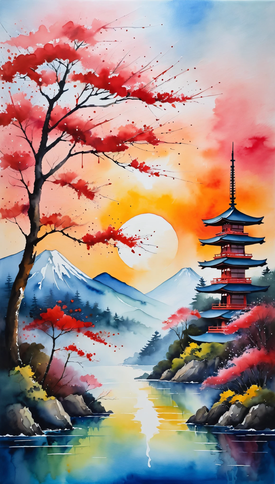 masterpiece,Acrylic watercolor paintings inspired by Japan,Expressions that make use of bleeding,Beautiful gradation created by layering