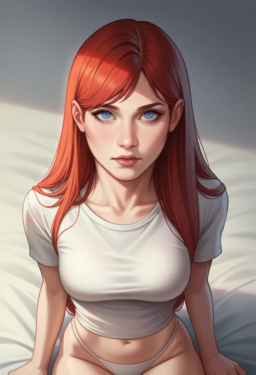 high angle photo of a gorgeous young woman in the style of stefan kostic, (red hair), very very long hair, very big blue eyes, realistic skin texture, looks up, white sweatshirt, white thong, slender hips, 1 / 2 body crop, 8 5 mm art lens, f 1. 2, sharp focus, 8 k high definition, insanely detailed, intricate, elegant, art by stanley lau and artgerm