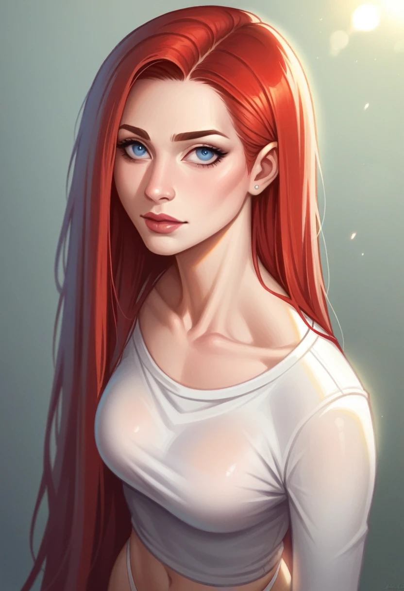 high angle photo of a gorgeous young woman in the style of stefan kostic, (red hair), very very long hair, very big blue eyes, realistic skin texture, looks up, white sweatshirt, white thong, slender hips, 1 / 2 body crop, 8 5 mm art lens, f 1. 2, sharp focus, 8 k high definition, insanely detailed, intricate, elegant, art by stanley lau and artgerm