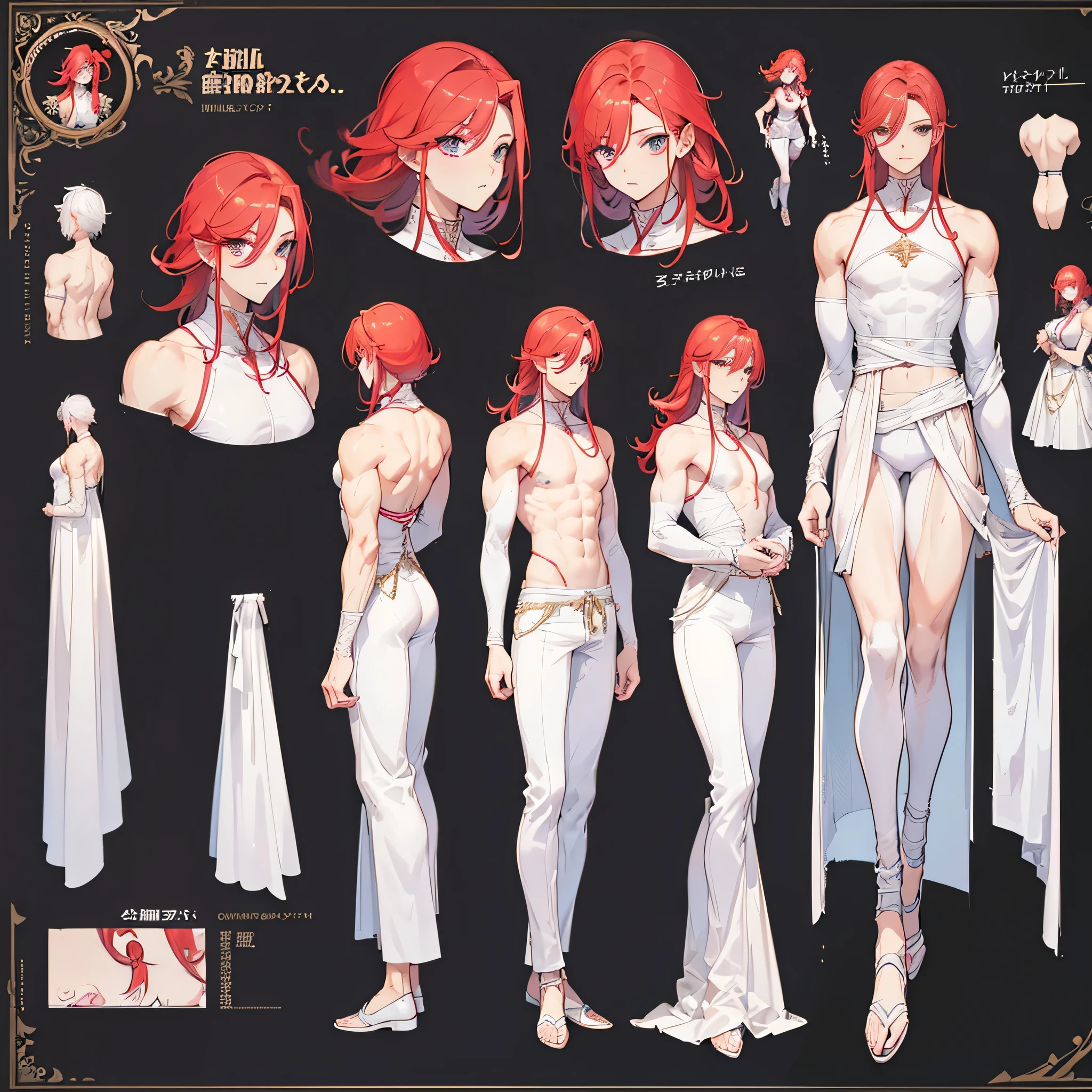 (Masterpiece, best quality), detailed, 1 man, ((character concept art)), ((character design sheet, same character, front, side, back)), full body, body complete, 1 Male angel, 1 Man angel, Detailed face, character design sheet,full bodyesbian, Highly detailed, character sheet, character design, Many parts, dark skin, angel wings, long red hair, angel outfit, muscle male god, male clothes, masculine, muscle man, male muscle, manly, male angel, Muscle male long red hair,beautiful man, beautiful muscle man, abs, pectoral muscle