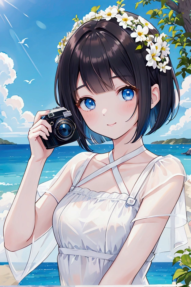 Photorealistic、Highest quality、Highest Resolution、Highest quality、8K、Beautiful woman taking a picture with a camera、Cute face、Bob cut hair、Dark Hair Color、Pale blue eyes、Beautiful breastountain climbing、Beautiful views、