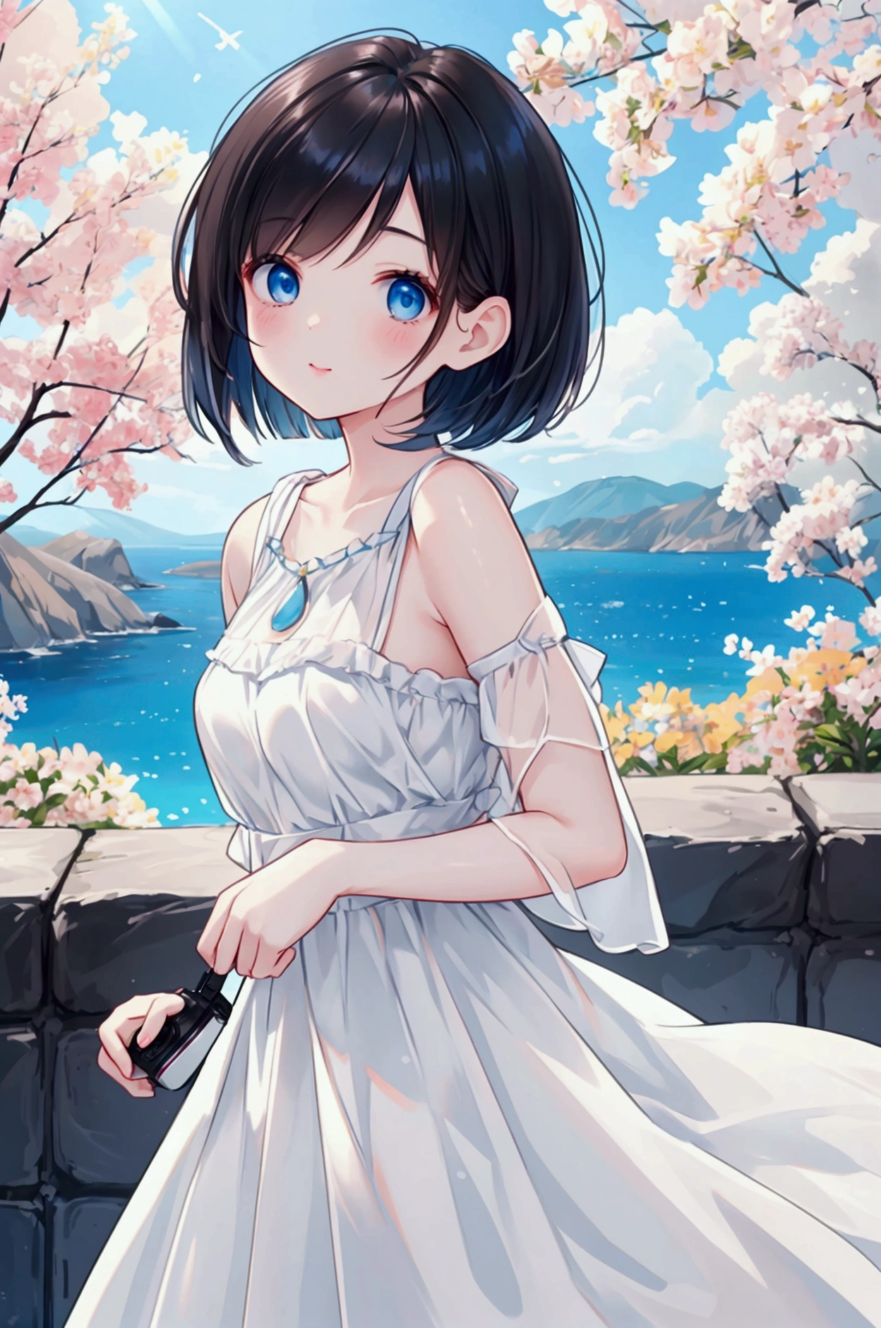 Photorealistic、Highest quality、Highest Resolution、Highest quality、8K、Beautiful woman taking a picture with a camera、Cute face、Bob cut hair、Dark Hair Color、Pale blue eyes、Beautiful breastountain climbing、Beautiful views、